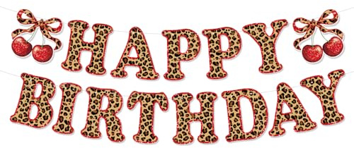 Cartel de feliz cumpleaños con estampado de leopardo, pancarta con estampado de leopardo de cereza, decoración colgante de fiesta de cumpleaños