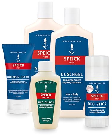 SPEICK Männer Pflege Set – Duschgel 2x250 ml + Deo Stick 40 ml + Intensiv Creme 50 ml + Mini Deo Dusch – natürliche Körperpflege für Männer – für normale & sensible Haut