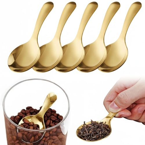 Muorruo Juego de 5 Mini cucharas con Mango Corto, cucharas pequeñas de Acero Inoxidable Plata para tarros de Almacenamiento, café, Caramelos, Sal, azúcar, té y postres (Oro)