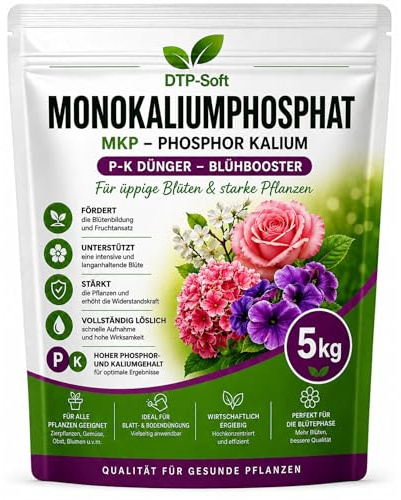 DTP-SOFT Monokaliumphosphat Dünger 5kg/5000g - MKP P-K Dünger wasserlöslich - Blühdünger und Kalium Phosphor für Tomaten, Gemüse, Obstpflanzen, Balkonpflanzen - chlorfrei