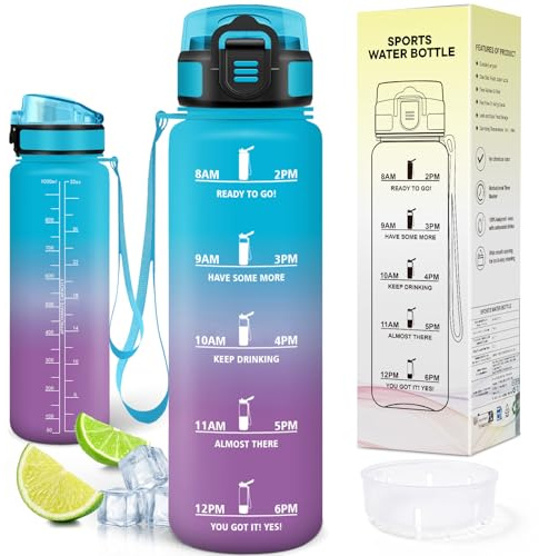 Motswedi Borraccia 1 Litro, senza Cannuccia, Borraccia Palestra, Bottiglia Acqua, a Prova di Perdite, Plastica Borracce Sportiva 1l, per Ufficio, Sport, Palestra, Ciclismo, Blu & Viola