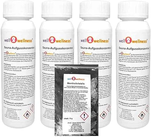 Well2wellness® Set Infusi Sauna 4x 125 ML 'Menta ' con - Minzpfeffer, Minzapfel, Minzkirsche, Minzbeere + Gratis 10 G10 G Cristalli di Mentolo