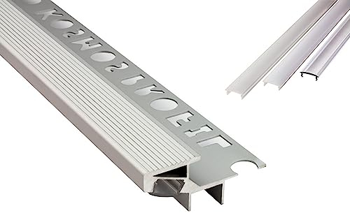 T-40 20° LED Alu Fliesenprofil Treppenprofil Stufen 12mm silber + Abdeckung Abschlussleiste Fliesen für LED-Streifen-Strip 2m opal