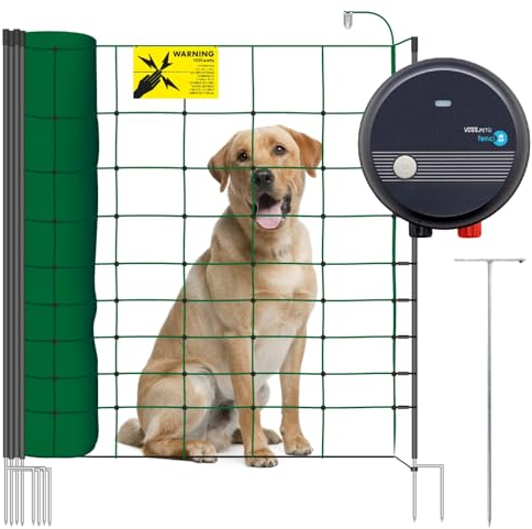 VOSS.PET Hundezaun Set, 50m Elektrozaun Weidezaun Elektronetz Hunde-Set mobil, Einzäunung im Garten, Weidezaungerät fenci M09, 108cm 14 Pfähle 2 Spitzen grün