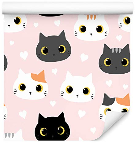 Wallepic Carta da Parati per Bambini – Gatti e Cuoricini in Tessuto Non Tessuto Decorativo Gatto Gattini – 1540782299