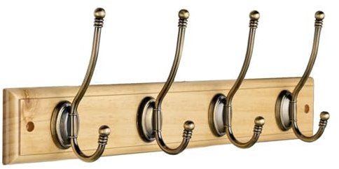 Hiatt Hardware 4 Ball End Hat and Cat Hooks, Antique Brass | Antique brass on pine; wood wall rack; hookrail; 4 hat and coat hooks - hang upto 8 items; to de-clutter your living space.