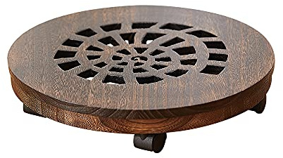 SINOBEST Wood Plant Caddy, Heavy Duty Rolling Planter Dolly With Rotating Casters, Movable Flower Pot Stand, Round Plant Rack With Lockable Wheels (10 Inch)