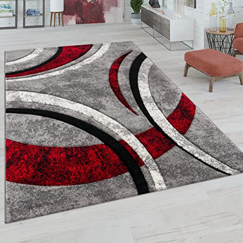 Paco Home Teppich Wohnzimmer Kurzflor Vintage Handgearbeiteter Konturenschnitt 3D Optik, Grösse:120x170 cm, Farbe:Grau-Rot