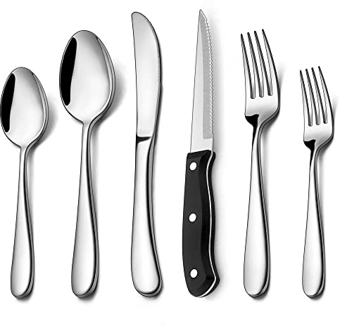 48-Piece Heavy Duty Silverware Set with Steak Knife for 8, LIANYU Stainless Steel Flatware Set, Fancy Thick Cutlery Eating Utensils Include Forks Knives Spoons, Mirror Finished, Dishwasher Safe