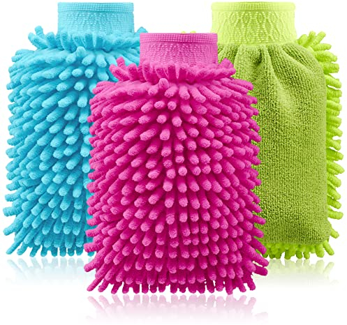 com-four® Gant de Lavage 3X pour Voitures et ménage - Gant en Microfibre - Gant en Chenille - Gant de Nettoyage pour l'entretien de la Voiture (3 pièces - Bleu/Rose/Vert Fluo)