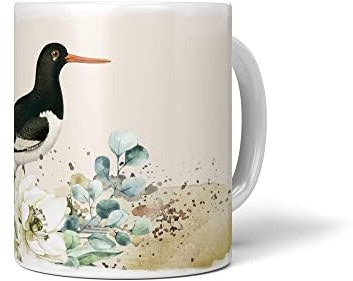 Paul Sinus Dekorative Tasse mit schönem Vogel Motiv Austernfischer Blumen Blüten Kunstvoll Wasserfarben