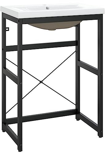 vidaXL Bathroom Washbasin Frame with Built-in Basin in Black Iron and White Ceramic - Contemporary Design, Space Saving, Durable, Easy to Clean