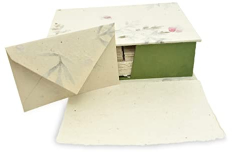 Kathmandu Valley Co. Vintage Stationery Gift Box Set with 50 Handmade A5 Deckle-edge Lokta Paper Sheets and 30 Envelopes (Forest Wanderer)