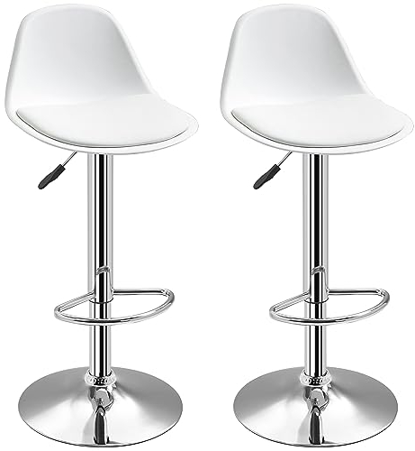 HOMCOM Barhocker 2er Set, Gepolstert Barstuhl mit Stahlgestell, Lehne, aus Kunstleder, Höhenverstellbar Küchenstühle mit Fußstütze 360° Drehbar Tresenhocker für Küche, Wohnzimmer, Esszimmer Weiß
