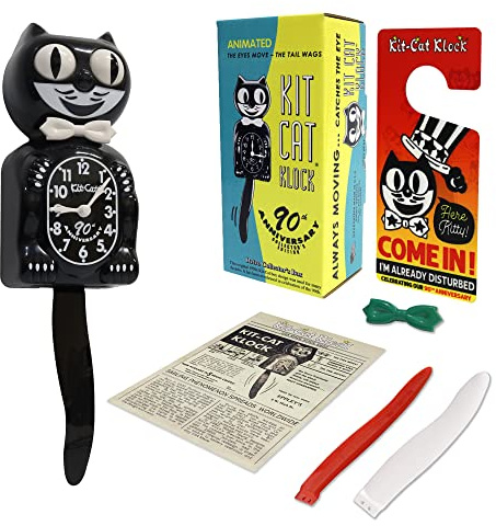 Kit Cat Klock The Original 90th Anniversary Limited Edition with Collectors Box, Black Kit Cat Wall Clock with White Bow Tie, Pendeltail and Moving Eyes, Ideal for Vintage Home Decoration