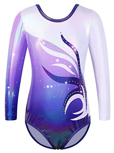 ZNYUNE Kinder Gymnastik Trikot mit Pailletten Mädchen Gymnastikanzug Langarm in Tüll 272 Weiß Lila 6A