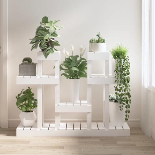 homiuse Pflanzenständer 104,5x25x77,5 cm Massivholz Kiefer Pflanzenregal Blumenregal BlumenstäNder Holz Blumenhocker Holz Pflanzentreppe Plant Stand Pflanzenregal Indoor Weiß