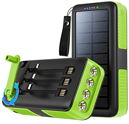 Batterie Externe Solaire Compacte Câble Intégré Chargeur à Manivelle Powerbank Étanche Mergency Lampe de Poche LED Multifonctionnel Chargeur Portable 2PCS,Green,10000mAh