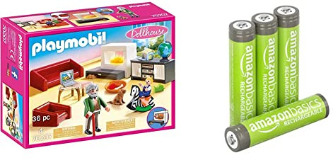 Playmobil 70207 Salon avec cheminée - Dollhouse- La Maison Traditionnelle- Dollhouse La Maison Traditionnelle & Amazon Basics Piles rechargeables AAA, pré-chargées - Lot de 4 (le visuel peut différer)