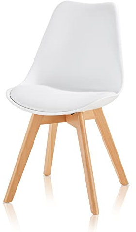 KHG Esszimmerstuhl Polsterstuhl Skandi Look - Stuhlbeine Massivholz Buche, Kunststoff Sitzschale, gepolstertes Kunstleder-Sitzkissen, modern & pflegeleicht, belastbar bis 150 kg - Weiß