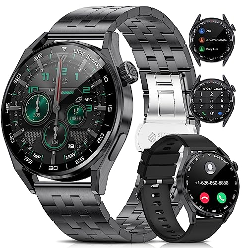 LIGE Smartwatch Herren mit Telefonfunktion Fitnessuhr Tracker 1.39 Touchscreen,360Amh,Wasserdicht Sportuhr 111 Sportmodi mit Schrittzähler Schlafmonitor Smart Watch für iOS und Android, 3 Gurte
