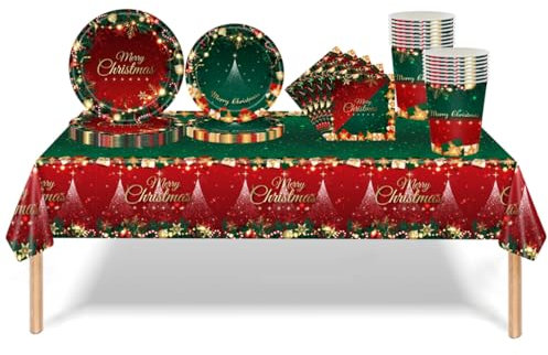69 Pezzi Set Stoviglie per Feste di Natale,Rosso Verde Piatti Tazze Asciugamani di Carta Tovaglia Plastica Stoviglie Monouso Biodegradabili,Decorazione Desktop per Feste di Compleanno,Natale