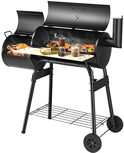 COSTWAY Barbecue à Charbon en Bois avec Fumoir Déporté 2 en 1, Barbecue Portable avec Caisse de Feu Latérale Table Latérale Étagère Poignées en Bois et 2 Roues pour Camping Pique-Nique