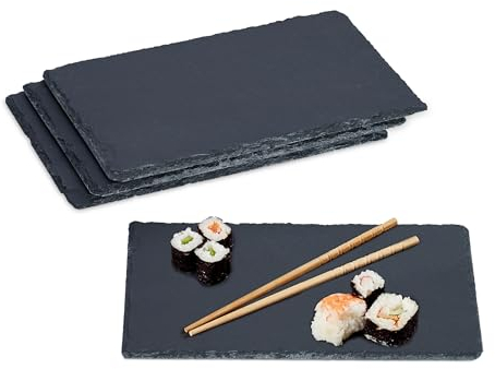Relaxdays Placa 26 x 16 cm en Juego de 4 Unidades Set de 4 Platos de Pizarra, para Servir y Escribir, Buffet, Bandeja Piedra Rectangular, Antracita, Gomaespuma