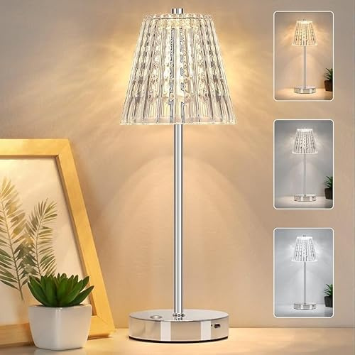 BomKra Rechargeable Crystal Table Lamp,Diamond Crystal Cordless Beside Lamp,3 Color Modes Stepless Dimmable LED Touch Lamp,Vintage Lamp for Bedroom Living Room Restanrant Indoor Outdoor (Silver)