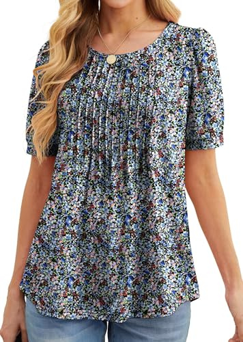 GRECERELLE Women's Pleated Short Sleeve Crew Neck Tops with Curved Hem | Front Pleat, Gathered Short Sleeves, Solid and Floral Print Colour for Easy Styling Flowy Tees T-Shirts Blouse for Ladies