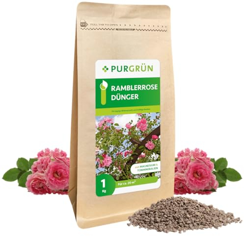Purgrün® Ramblerrose-Dünger 1 kg – Organisch-mineralische Rezeptur – Feinkörniges Krümelgranulat – NPK 5+4+6 – Extra Magnesium für prächtige Blüten – Verbessert die Bodenqualität