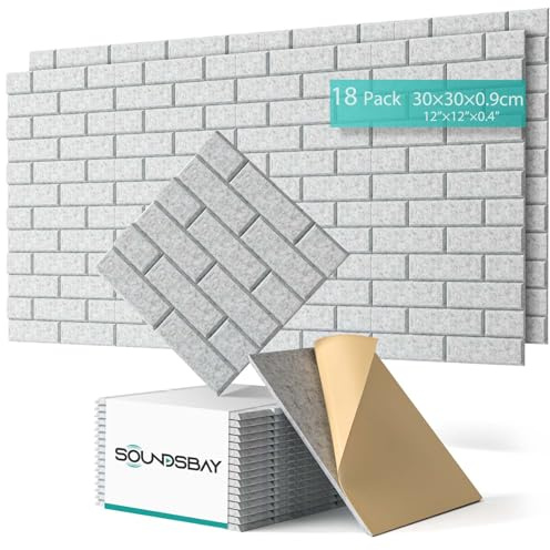 Soundsbay Akustikpaneele Selbstklebend Ziegeloptik 18 Stück Silbergrau 30x30x0.9cm | Schalldämmung Schallschutz Wand hoher Dichte Schallschutzplatten für Akustische Behandlung und Wanddekoration (Grau)