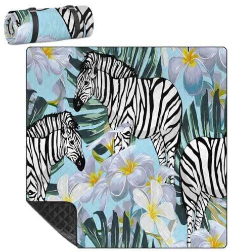 Mularoka Picknickdecke mit Zebra-Palmblatt-Motiv, wasserdicht, sanddicht, faltbar, Stranddecke, 200,7 x 200,7 cm, extra groß, tragbar, waschbar, Outdoor-Matte für Camping, Park, Gras, Wandern, Reisen