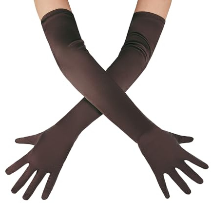 OWITER Gants longs coudes en satin pour opéra, soirée, fête, danse, bal, marron, One Size