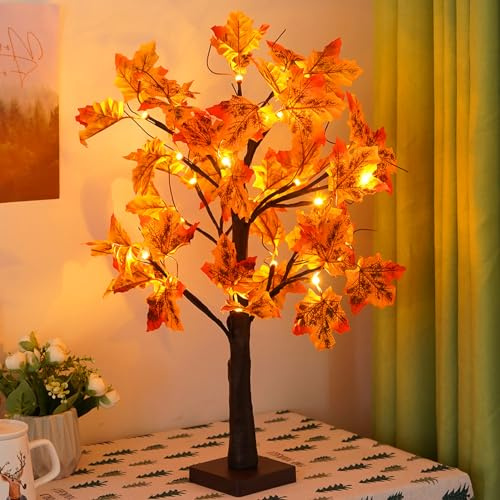 ACAREY Herbstdeko Ahornblatt Baum Lichter mit 24 LEDs, Herbst Deko Lichterbaum 60cm Lichterbaum Für Innen, Halloween Deko Baumlichter Für Tisch Herbstdeko Zum Aufhängen, USB & Batteriebetrieben
