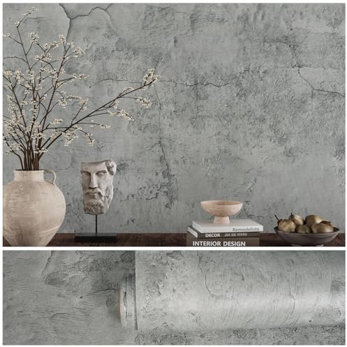 VEELIKE Cracked Grey Concrete Wallpaper Peel and Stick Cement Wall Paper Vintage Industrial Wallpaper for Bedroom Bathroom Textured Concrete Contact Paper for Walls Removable Waterproof 40cmx300cm