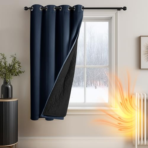 Deconovo Windproof Door Curtain with Thick Microfiber Quilted Lining, Home Decorative Blackout Curtain for Bedroom, Eyelet Thermal Curtain for Living Room, 52 x 63 Inch, Navy Blue, 1 Panel