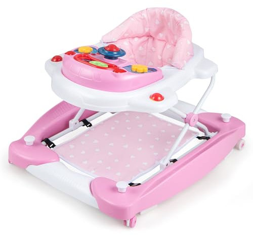 RELAX4LIFE Girello Attività Pieghevole 6-in-1 per Bambini, Centro Attività con 3 Posizioni Regolabili, Vassoio Musicale Rimovibile, Funzione a Dondolo, Convertibile in Salta-salta, (ROSA)