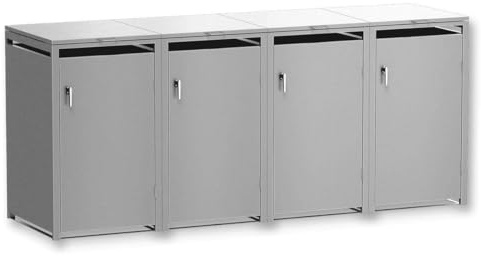 Metzler Mülltonnenbox 4er 240L in Graualuminium, Mülltonnenverkleidung für 4 Tonnen abschließbar und mit Automatikdeckel, pulverbeschichteter & witterungsbeständiger Stahl in RAL9007, Müllbox rostfrei