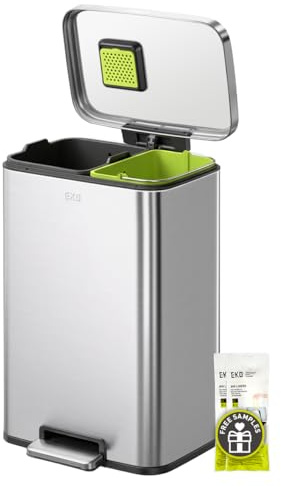 EKO Madison Küchenmülleimer 25 + 20 L mit Geruchsfach, 2-fach Mülltrennung mit pflegeleichten Inneneimern, langlebiger Treteimer aus fingerabdruckfreiem Edelstahl, Soft-Close Deckel