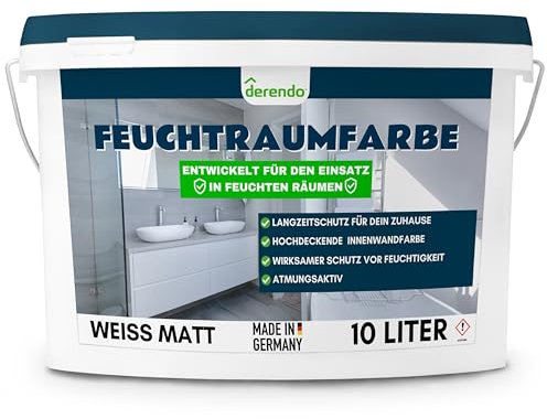 derendo Feuchtraumfarbe für Bad, Küche & Wohnräume, Wandfarbe weiß mit Langzeitschutz vor Feuchtigkeit Atmungsaktive Farbe feuchtigkeitsregulierend 10l, hohe Deckkraft (10 Liter)
