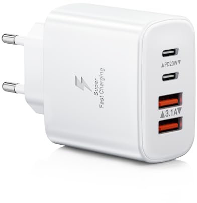 Chargeur USB C, 40W 4-Port USB Multiple Bloc Chargeur Rapide Multiple Secteur PD+QC 3.1A Type C Adaptateur pour iPhone 17 16 15 14 13 12 Pro Max Samsung S24 Ultra S23 S22 iPad Xiaomi Huawei Google