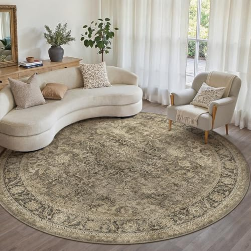 WondRg 8x8 Washable Brown Round Rug Vintage Living Room Bedroom Circle Rug Non-Slip Soft Low Pile Distressed Indoor Carpet for Kitchen Dining Room Office