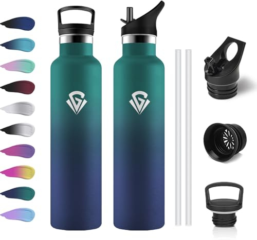 Trinkflasche Edelstahl 1 Liter, BPA-Frei, Thermosflasche mit Strohhalm, Thermoskanne Auslaufsicher, Einhandöffnung, Kohlensäure Geeignet, Wasserflasche für Kinder, Sprudel, Camping, Sprudel, Yoga