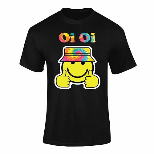 Tie Dye Smiling Face Headphones Rave Oi Oi T Shirt – Neon DJ Top, Rave Gifts, Neon Clothing, DJ Gifts for Men - Black Large