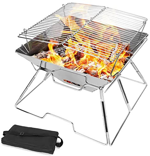 Réchauds de Camping, réchaud de Camping Pliable, avec Grille de Cuisson, réchaud à Charbon Portable, réchaud à Bois en Acier Inoxydable, pour Camping, randonnée, Sac à Dos et Barbecue