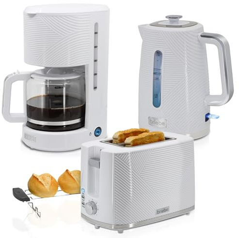 briebe Elegance Set Tostadora Pan Ranura Ancha 2 Rebanadas + Hervidor Agua Eléctrico 1,7L Inalámbrico 2200W Libre BPA + Cafetera Goteo Filtro 10 Tazas 1,25L, Pack Desayuno Diseño Moderno, Blanco