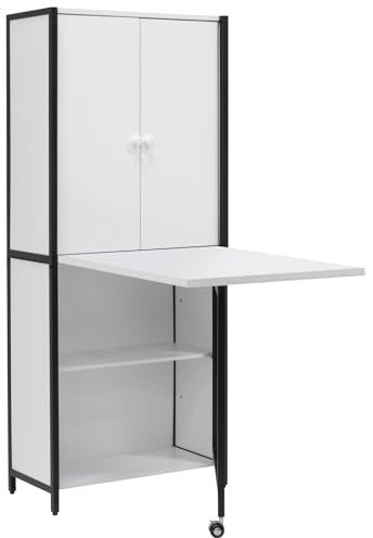 Craft/Sewing Armoire with White Storage Cabinet and Black Frame & Legs | Table with swing out leg,Multipurpose: Quilting/Craft Table/Computer Desk/Kitchen Table