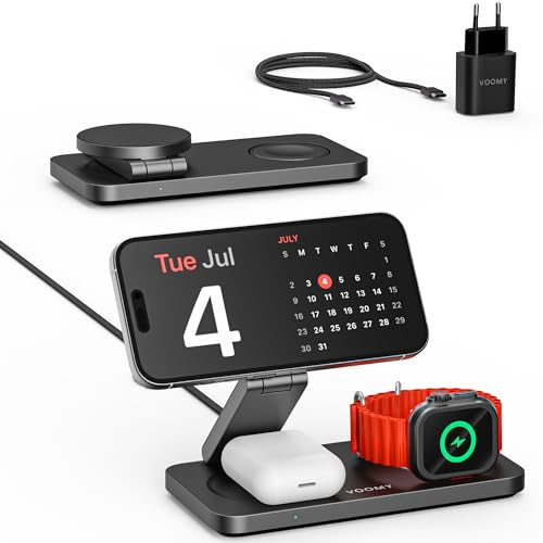 Voomy 3-in-1 Induktive Ladestation Kompatibel mit Magsafe Ladegerät, iPhone, AirPods & Apple Watch, 15W Wireless Charger – Faltbar, Schnellladefunktion, inkl. USB-C Kabel & Adapter (Schwarz Aluminium)