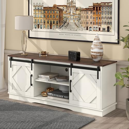 LINKHOO Grand meuble TV, buffet TV, avec 2 portes coulissantes classiques, étagères réglables pour salon salle à manger, style cottage moderne, capacité de charge 80 kg, 150*40*60 cm, marron blanc